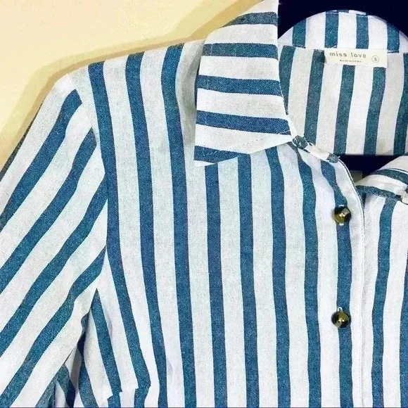 Miss Love Pinstripe Button Down Crop Top with Tie - Picture 5 of 11